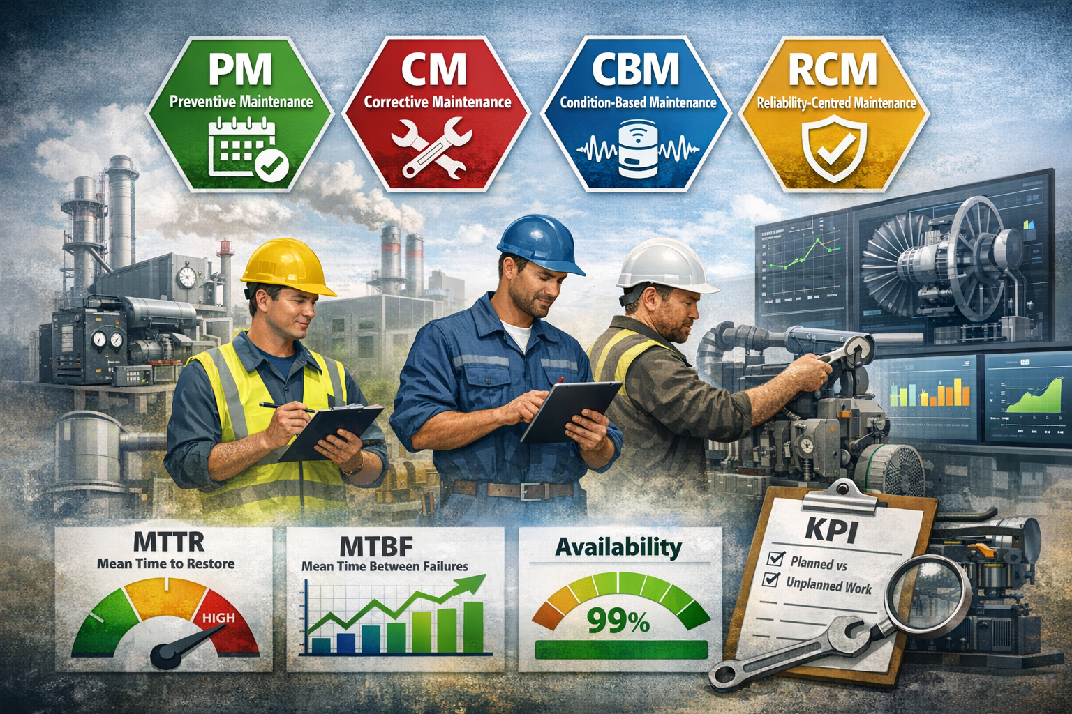 راهنمای کامل نگهداری و تعمیرات: PM/CM/CBM/RCM + شاخص‌ها + نمونه برنامه سالانه